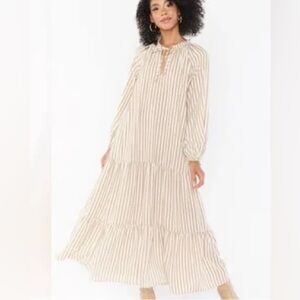 Show Me Your MuMu Birdie Beige Tan Striped Maxi Dress Tiered